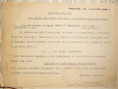 ZATWIERDZENIE 10 LAT PRACY LABORANTA TECHN-DENTYSTYCZNEGO - JUDAICA – 1942