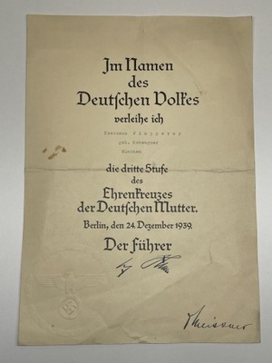 Krzyż Honorowy Matki Niemki 1939r. Faksymile ADOLF HITLER / OTTO MEISSNER