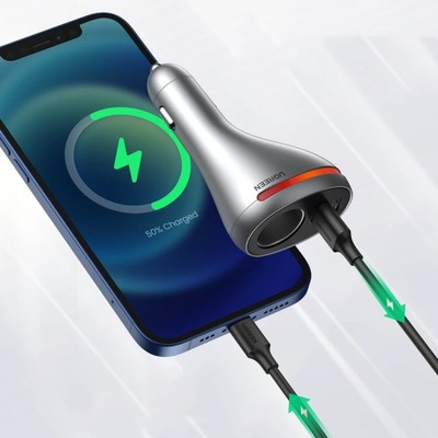 DISPOSITIVO DE CARGA DE AUTOMÓVIL USB-C / USB + RANURA ENCENDEDOR 12V - PLATEADO  