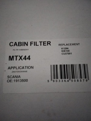 FILTRO CABINAS SCANIA MTX44 K1294  