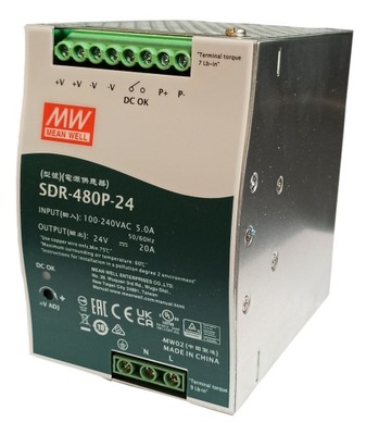 SDR-480-24 Zasilacz na szynę DIN 480W 24V 20A