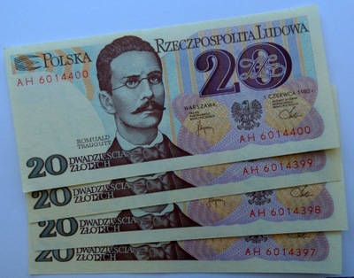 Banknoty 20 zł 1982 seria AH stan 1 UNC.