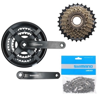 Zestaw łańcuch wolnobieg korba Shimano 7s 48/38/28