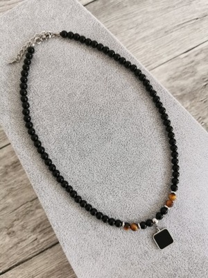 Korale naszyjnik męski Onyks Tiger Eye stal chirurgiczna 316L srebrny