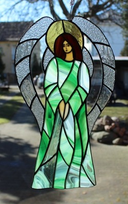 Anioł stróż witraż Tiffany zielony duży