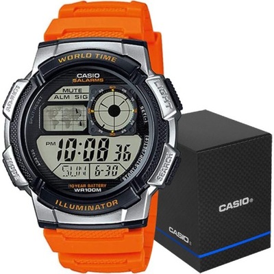ZEGAREK MĘSKI CASIO AE-1000W 4BV WORLD TIME Cyfrowy Pomarańczowy pasek +BOX