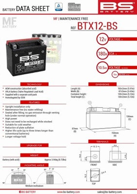 BS BATTERY BTX12-BS (YTX12-BS) 12V 10AH 152X88X131 BEZOBSLUGOWY - ELECTRICAL  