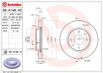 DISCS BRAKE FRONT BREMBO 09.A148.41 09A14841  