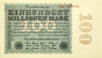 Niemcy - BANKNOT 100 Milionów Marek 1923 Stan UNC