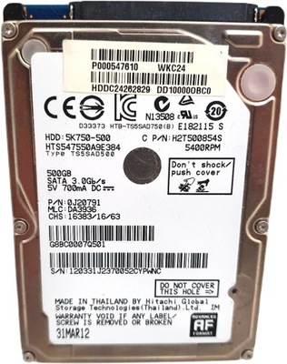 Dysk twardy Hitachi 5K750-500 500GB SATA II 2,5" OK