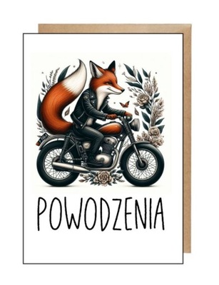 Kartka pocztówka koperta na różne okazje urodziny powodzenia lis motocykl