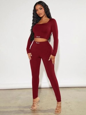 SHEIN SXY BORDOWY KOMPLET KRÓTKA BLUZKA LEGGINSY L 668