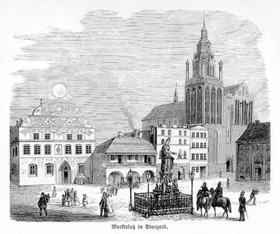 drzeworyt Stargard / Marktplaz in Stargard 1886