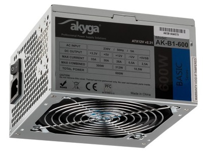 CICHY WYDAJNY ZASILACZ ATX 600W AKYGA 4XSATA 2XMOLEX WENTYLATOR 12CM