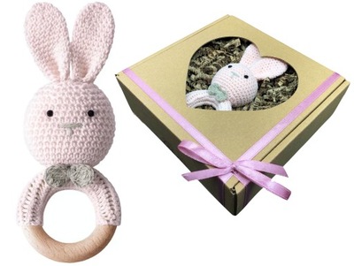 Gryzak z grzechotką dla dziewczynki różowy króliczek + pudełko na prezent
