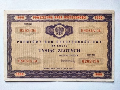 PRL Premiowy Bon Oszczędnościowy na tysiąc złotych (1000 zł) 1971