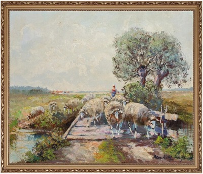 Randolf Wehn (1911-1987) - Scena z owcami - stary obraz na płótnie