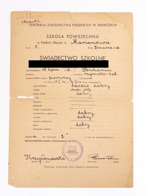 ŚWIADECTWO SZKOŁY POWSZECHNEJ OBÓZ MARIANOWO 1946