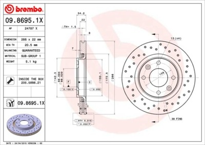 BREMBO XTRA PEUGEOT 307 266MM ГАЛЬМІВНІ ДИСКИ ПЕРЕД 09.8695.1X