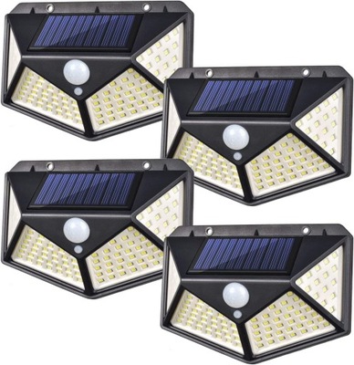 ZESTAW 4 LAMP SOLARNYCH Z CZUJNIKIEM RUCHU 100 LED