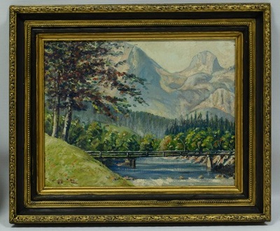 Stary obraz Pejzaż z mostem nad rzeką Olej 50x41cm