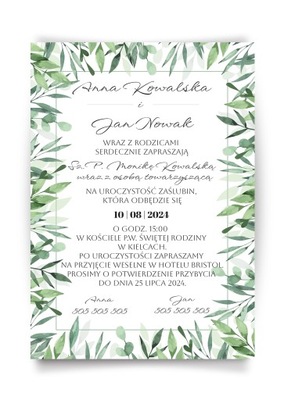 Zaproszenia ślubne, jednostronne, zielone liście - personalizacja
