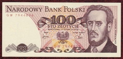 100 zł. 1979 r. ser. GW UNC b. rzadka seria - PIĘKNY