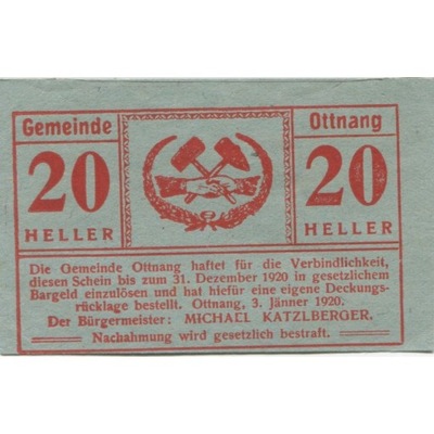 Banknot, Austria, Ottnang, 20 Heller, texte 1, 192