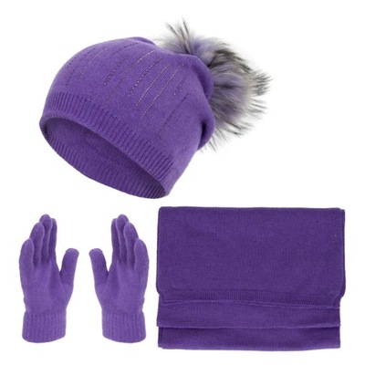 W455C Damski zimowy komplet fioletowy czapka szalik rękawiczki