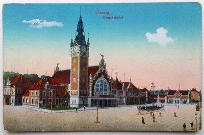 kartka pocztowa - Danzig - Gdańsk - Dworzec Kolejowy - dorożki