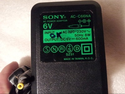 Oryginał zasilacz ładowarka SONY AC-C66NA 6V 600mA