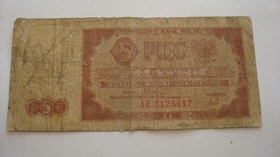 Banknot 5 złotych 1948 traktorek seria AR stan 5