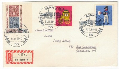 Niemcy 1968 Koperta Znaczki 516-517+569 poczta filatelistyka listonosz