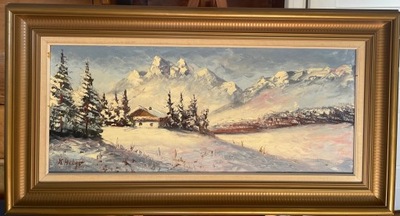 Obraz olejny na płótnie - KARL HELGO - krajobraz zimowy 53 cm. x 97 cm.