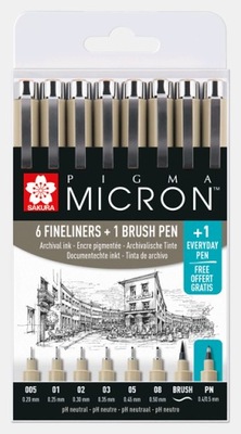Cienkopisy Pigma Micron czarne 7szt + Brush Pen Zestaw Sakura Mix rozmiarów