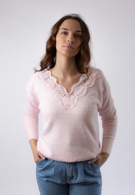 Piękny sweter ALPAKA koronkowy dekolt S/M różowy