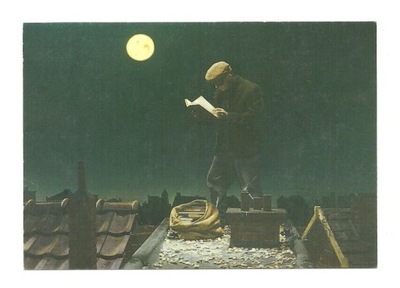 Pocztówka - T. Hocks, Zaczytany złodziej z książkami na dachu
