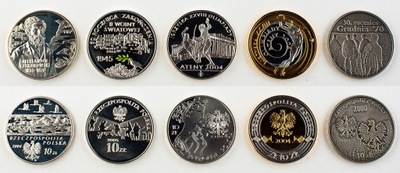 ZESTAW 5 POLSKICH MONET, 10 ZŁOTYCH 2000-2005, SREBRO