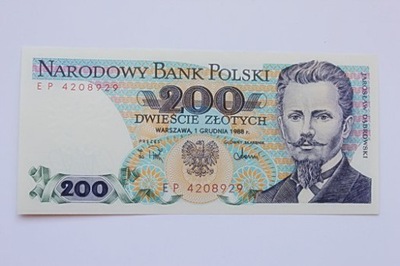 Banknot 200 zł -seria EP z 1988 roku, UNC