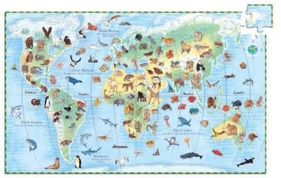 Puzzle Tekturowe 100 el. Mapa świata ze zwierzętami i książeczką Djeco