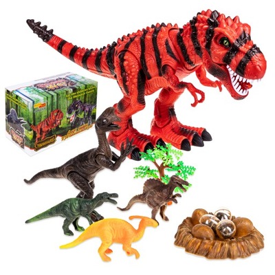 INTERAKTYWNY DINOZAUR T-REX ZNOSI JAJA CHODZI RYCZY ŚWIECI ZIEJE + STADO