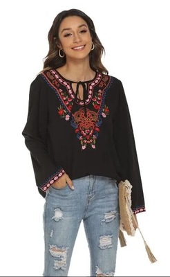 Kwiatowy haft bluzka damska meksykańska koszula dla kobiet Boho Hippie