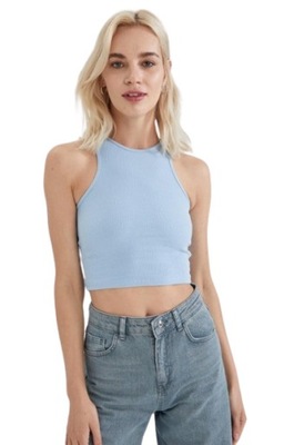 CROP TOP NIEBIESKI DOPASOWANY PRĄŻKI GŁADKI KRÓTKI DEFACTO M