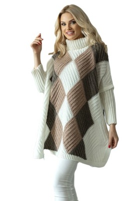 30088 SWETER PONCHO Z RĘKAWAMI W ROMBY ECRU