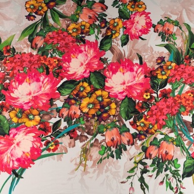 Tkanina Silki wzór kwiaty na różowym tle