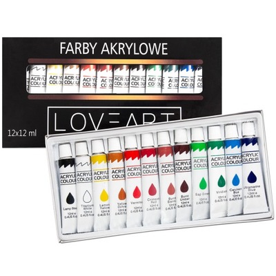 Farby akrylowe 12x12ml Loveart - Zestaw farb akrylowych 12 kolorów w tubce