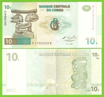 KONGO REPUBLIKA DEMOKRATYCZNA 10 FRANCS 1997 HdM P-87B UNC RZADSZY