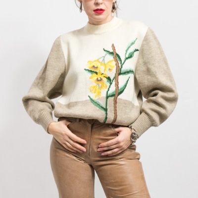 Sweter VINTAGE Wełna w kwiaty damski floral