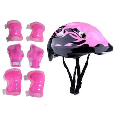 7-częściowy kask dziecięcy, nakolanniki i nałokietniki, zestaw ochraniaczy na nadgarstki w kolorze różowym