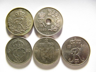 A.M ,- Skandynawia zestaw 5 monet , ore Szwecja Dania Norwegia (st25)